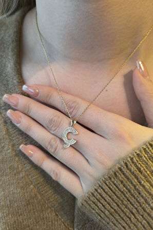 Minimal Altın Taşlı Ç Harfi Kolye