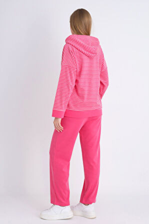 Kadın Pembe Fermuarlı Cepli Uzun Kollu Pamuklu Alt Üst Takım