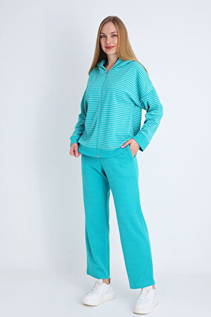 Kadın Pembe Fermuarlı Cepli Uzun Kollu Pamuklu Alt Üst Takım