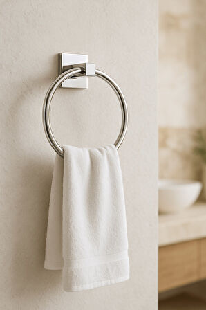 Krom Yuvarlak Halka Havlu Askılığı – Kare Topuzlu, Krom Kaplama, Dayanıklı Askı (YAPIŞTIR/VİDALA)