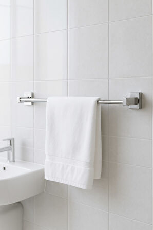 Krom Yapışkanlı Uzun Havluluk – Kare Topuzlu Metal Banyo Havlu Askısı, Dayanıklı & Şık