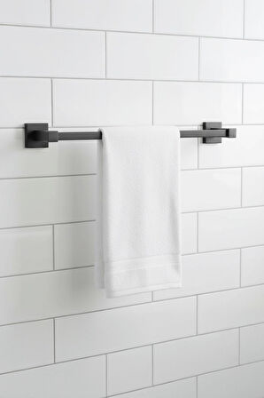 Siyah Yapışkanlı Uzun Havluluk – Kare Topuzlu, (Yapıştır/Vidala) Montajlı Dayanıklı Metal Askı - (S-