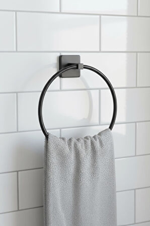 Siyah Yuvarlak Halka Havlu Askılığı – Kare Topuzlu, Vidalı Metal Banyo Askısı, Dayanıklı & Şık - (S-