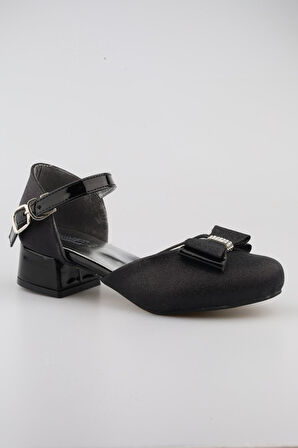 Kız Çocuk Siyah Abiye Simli Kum Detaylı Fiyonklu Ayakkabı 