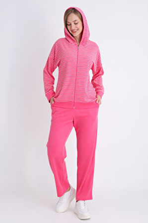 Kadın Pembe Fermuarlı Cepli Uzun Kollu Pamuklu Alt Üst Takım