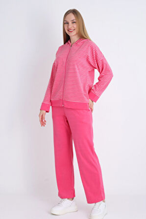 Kadın Pembe Fermuarlı Cepli Uzun Kollu Pamuklu Alt Üst Takım