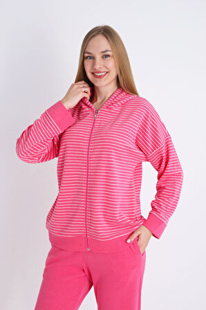 Kadın Pembe Fermuarlı Cepli Uzun Kollu Pamuklu Alt Üst Takım