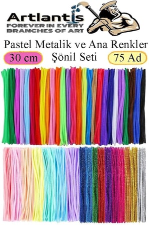 Şönil Pastel Metalik ve Ana Renkler 30 cm 75 li 1 Paket Renkli Tüylü Tel Peluş Tel 30 cm Elişi Okul Projeleri Süsleme