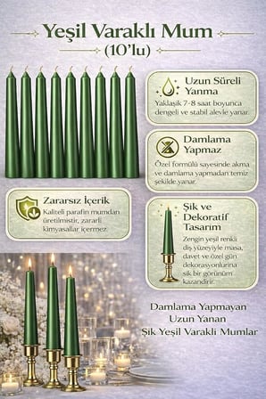 Yeşil Renk İnce Şamdan Mum Seti, 25 Cm Uzunluk, 10’lu Paket, Dekoratif Taper (Dilek) Mum, Şık Masa, Davet ve Özel Gün Dekorasyonu İçin