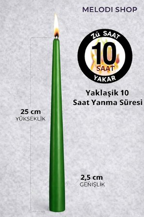 Yeşil Renk İnce Şamdan Mum Seti, 25 Cm Uzunluk, 10’lu Paket, Dekoratif Taper (Dilek) Mum, Şık Masa, Davet ve Özel Gün Dekorasyonu İçin