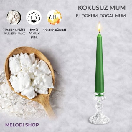 Yeşil Renk İnce Şamdan Mum Seti, 25 Cm Uzunluk, 10’lu Paket, Dekoratif Taper (Dilek) Mum, Şık Masa, Davet ve Özel Gün Dekorasyonu İçin