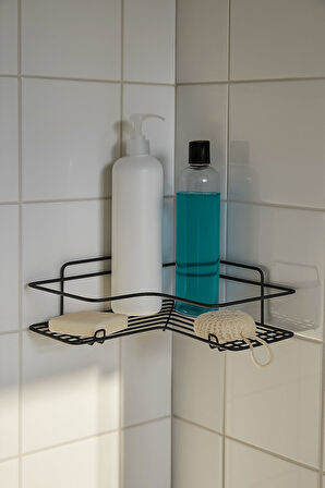 Siyah L Köşelik Kancalı Banyo Rafı, Dayanıklı Paslanmaz, Duş Şampuanlık, Köşe Düzenleyici Raf (Tekli