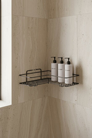 Siyah L Köşelik Kancalı Banyo Rafı, Dayanıklı Paslanmaz, Duş Şampuanlık, Köşe Düzenleyici Raf (Tekli