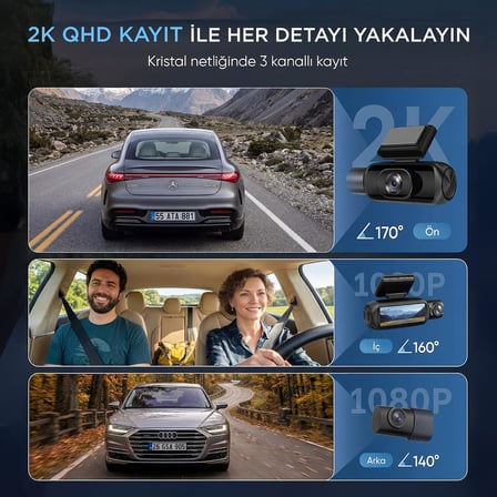 Juo C30 2K QHD Ön + FHD İç + FHD Arka 3 Kameralı WiFi GPS HDR Araç Kamerası Ekranlı 170 Derece Geniş Açı Gece Görüş