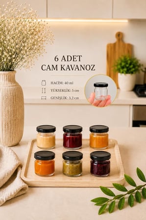 6 Adet 40 ml Siyah Metal Kapaklı Şeffaf Numune Mama Ek Gıda Şekerleme Reçellik Küçük Cam Kavanoz