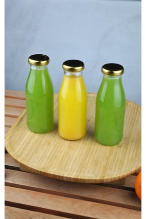 3 Adet Cam Şişe Meyve Suyu Ayran Detoks Şişesi 250 ml Gold Metal Kapaklı Şişe