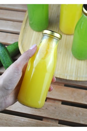 5 Adet Cam Şişe Meyve Suyu Ayran Detoks Şişesi 250 ml Gold Metal Kapaklı Şişe