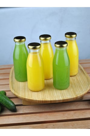 5 Adet Cam Şişe Meyve Suyu Ayran Detoks Şişesi 250 ml Gold Metal Kapaklı Şişe