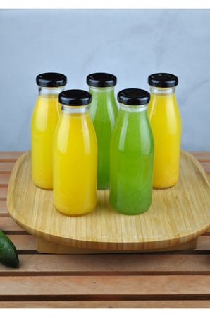 5 Adet Cam Şişe Meyve Suyu Ayran Detoks Şişesi 250 ml Siyah Metal Kapaklı Şişe
