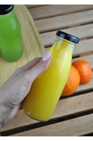 3 Adet Cam Şişe Meyve Suyu Ayran Detoks Şişesi 250 ml Siyah Metal Kapaklı Şişe
