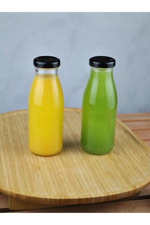 3 Adet Cam Şişe Meyve Suyu Ayran Detoks Şişesi 250 ml Siyah Metal Kapaklı Şişe
