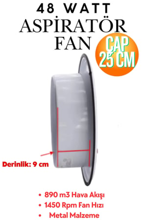 Havalandırma Aspiratörü Kapaklı Vantilatör 250 mm - Banyo, WC ve İşyeri Fanı (Metal Gövde) 250 mm Kapaklı Havalandırma Aspiratörü 25 Cm Fan Aspratör
