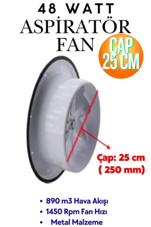Havalandırma Aspiratörü Kapaklı Vantilatör 250 mm - Banyo, WC ve İşyeri Fanı (Metal Gövde) 250 mm Kapaklı Havalandırma Aspiratörü 25 Cm Fan Aspratör