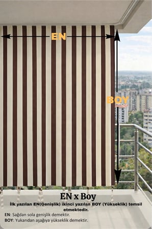 Kahve-Krem balkon perdesi kornişli bağcıklı dış mekan dayanıklı modern balkon brandası
