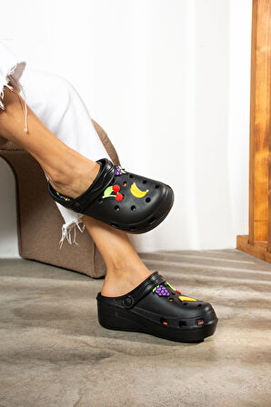 Novelido Yüksek Taban Siyah - Beyaz - Pembe Kadın Sabo Terlik Masaj Tabanlı Hafif Meyveli 251