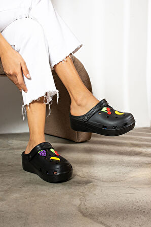 Novelido Yüksek Taban Siyah - Beyaz - Pembe Kadın Sabo Terlik Masaj Tabanlı Hafif Meyveli 251