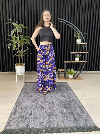 ESPOİRPLUS KADIN MOR ÇİÇEK  DESENLİ BÜZGÜLÜ LİKRALI DOKUMA PANTOLON ETEK