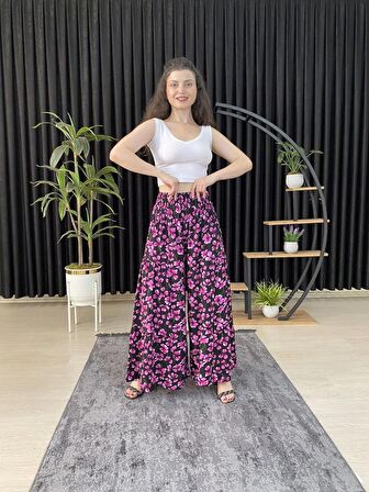 ESPOİRPLUS KADIN FUŞYA RENK YONCA DESENLİ BÜZGÜLÜ LİKRALI DOKUMA PANTOLON ETEK