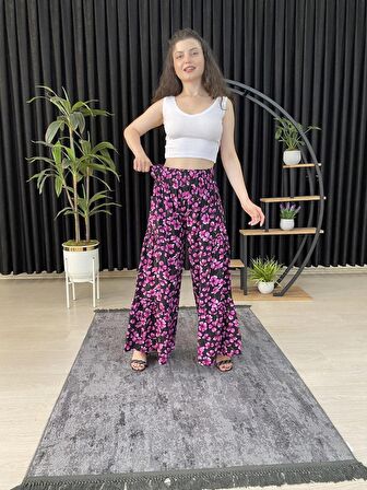 ESPOİRPLUS KADIN FUŞYA RENK YONCA DESENLİ BÜZGÜLÜ LİKRALI DOKUMA PANTOLON ETEK
