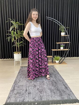 ESPOİRPLUS KADIN FUŞYA RENK YONCA DESENLİ BÜZGÜLÜ LİKRALI DOKUMA PANTOLON ETEK