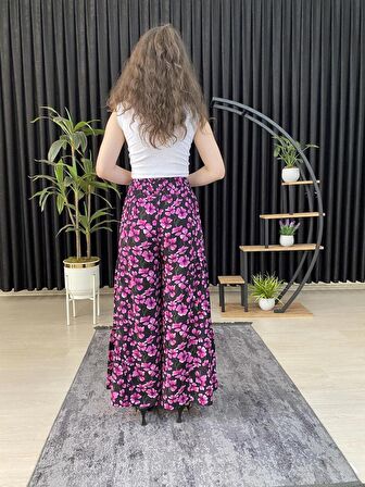 ESPOİRPLUS KADIN FUŞYA RENK YONCA DESENLİ BÜZGÜLÜ LİKRALI DOKUMA PANTOLON ETEK