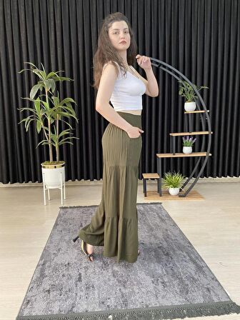 ESPOİRPLUS KADIN HAKİ RENK BÜZGÜLÜ LİKRALI DOKUMA PANTOLON ETEK
