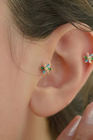 Renkli Çiçek Tragus Piercing Helix Kıkırdak Gold Çelik
