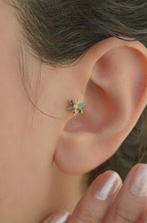 Renkli Çiçek Tragus Piercing Helix Kıkırdak Gold Çelik