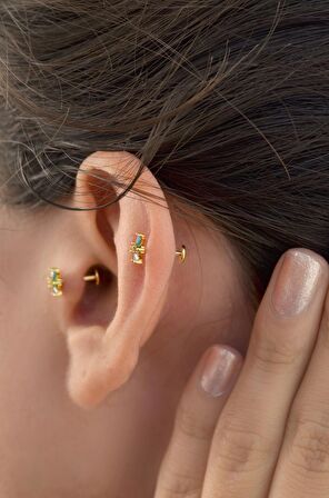 Renkli Çiçek Tragus Piercing Helix Kıkırdak Gold Çelik