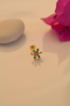 Renkli Çiçek Tragus Piercing Helix Kıkırdak Gold Çelik