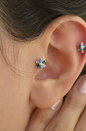 Renkli Çiçek Tragus Piercing Helix Kıkırdak Gümüş Renk