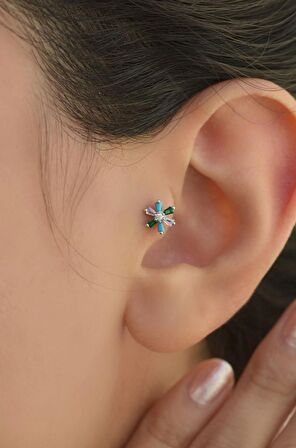 Renkli Çiçek Tragus Piercing Helix Kıkırdak Gümüş Renk