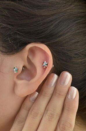 Renkli Çiçek Tragus Piercing Helix Kıkırdak Gümüş Renk