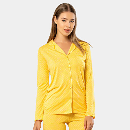 Puanlı Uzun Kol Pijama Takımı 3363/Sarı