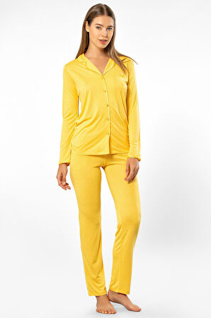 Puanlı Uzun Kol Pijama Takımı 3363/Sarı