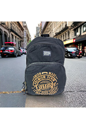 Kaliteli Siyah Vintage Salaş Baskılı Disayn Günlük Gezi Okul Sırt Çantası Revilla Bag 28x38cm