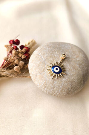 Lacivert Mineli Güneş Göz Altın Nazar Kolye Ucu