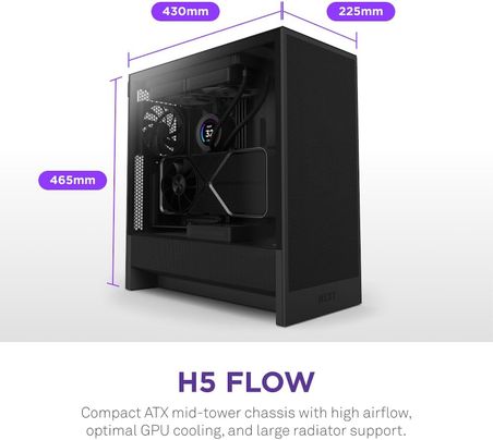 H5 Flow 2024 - Kompakt ATX Mid-Tower PC Oyun Kasası - Yüksek Hava Akışı - 2 x 120 mm Fanlar Dahil - 360 mm Ön ve 240 mm Üst Radyatör Desteği - Kablo Yönetim Sistemi - Temperli Cam - Siyah