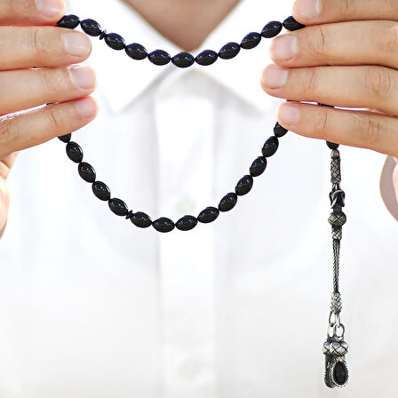 1000 Ayar Gümüş Kazaz Püsküllü Arpa Kesim Siyah Sıkma Kehribar Tesbih