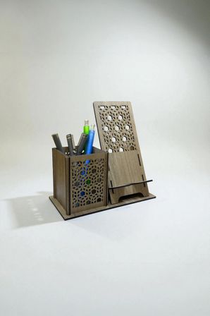 Kalemlik ve Telefon Standı – Geometrik  Koyu Ceviz Kahve